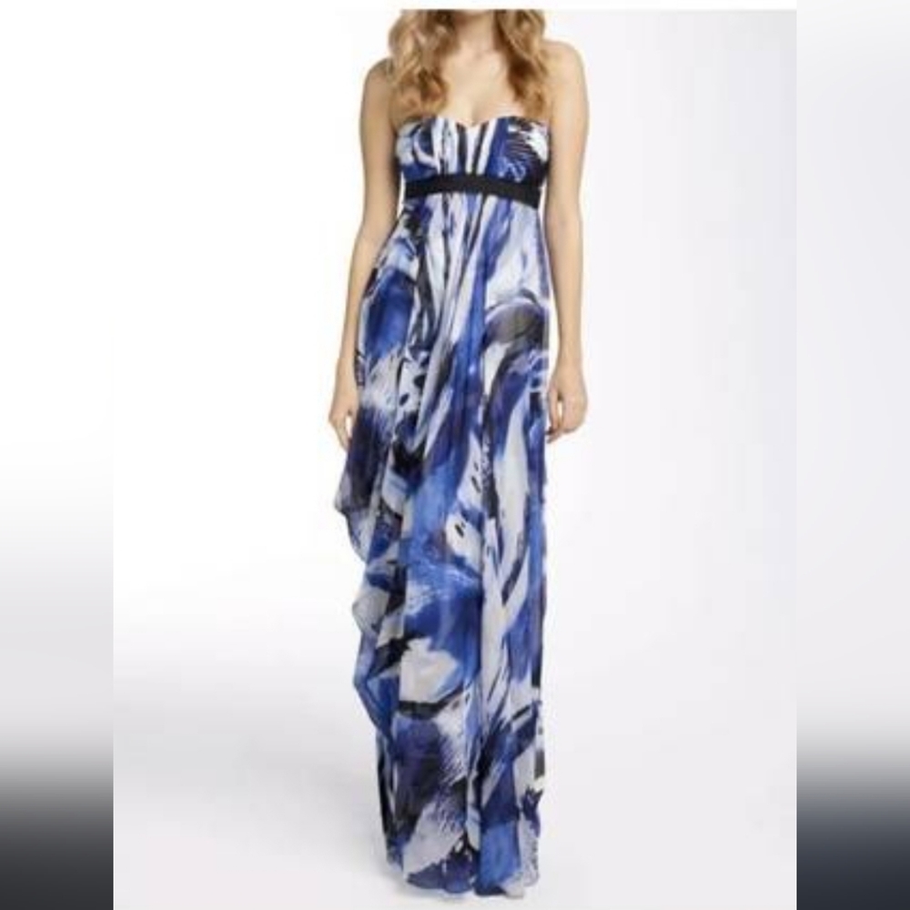 BCBGMaxAzria Strapless Watercolor Floor Length Dress